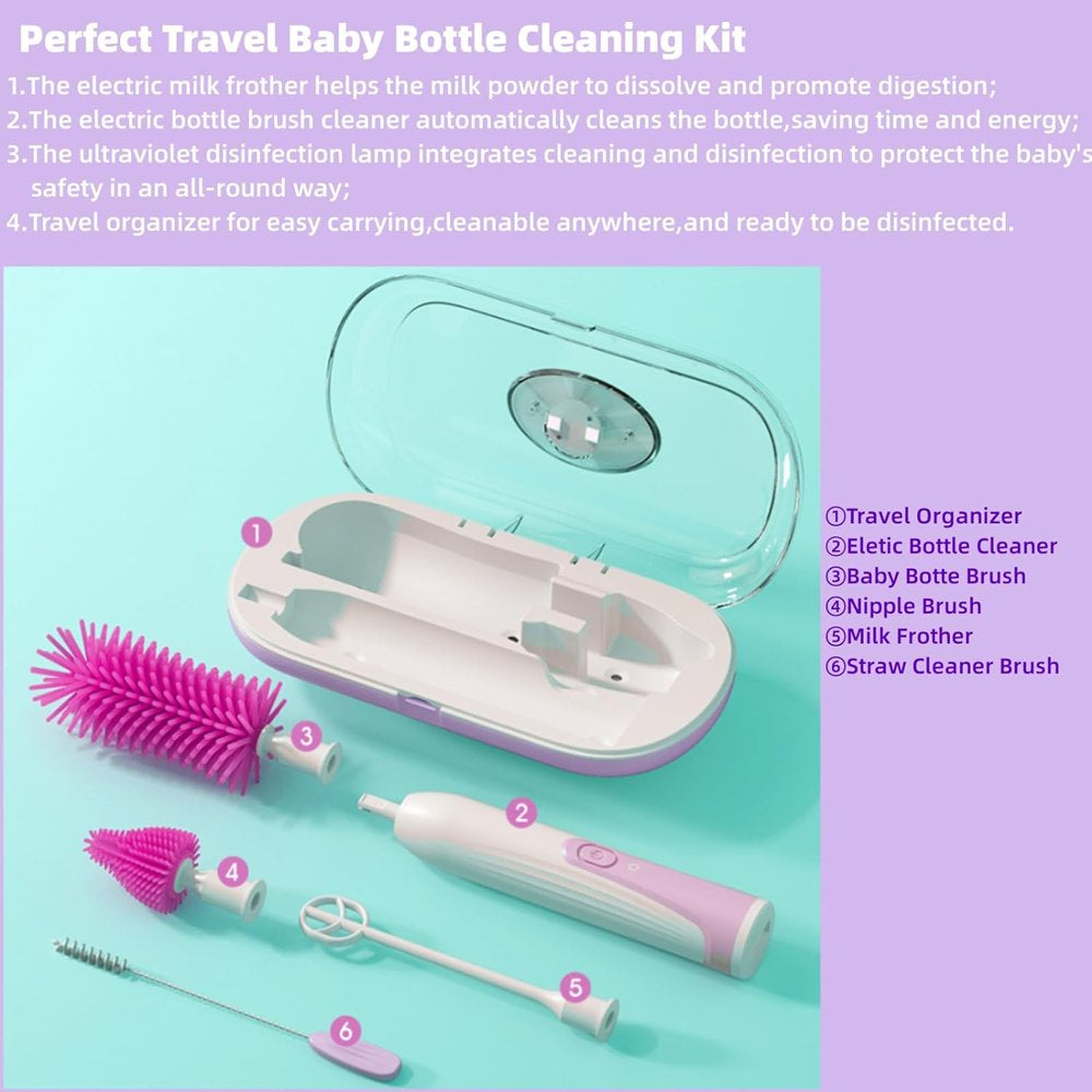 Electric Baby Bottle Brush Travel Set with Automatic Spinning Bottle Brush,Straw Brush and Electric Milk Frother,Suitable for Newborn Babies (Purple)