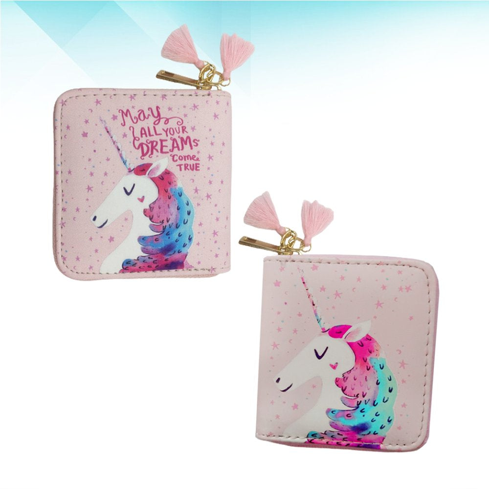 1Pc PU Zipper Wallet Cartoon Unicorns Pattern Wallet Small Zipper Wallet for Girls (Pink)