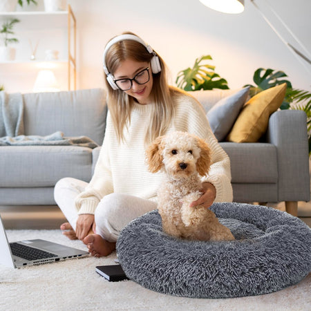 Calming Dog & Cat Bed, Anti-Anxiety Donut Cuddler Warming Cozy Soft round Bed, Fluffy Faux Fur Plush Cushion Bed for Medium Small Dogs and Cats, 24"