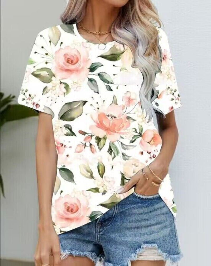 Blouse Women'S Black Flower T Shirt Fashion Soft Short Sleeve T-Shirt Casual Tee