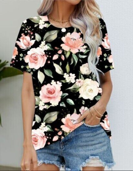 Blouse Women'S Black Flower T Shirt Fashion Soft Short Sleeve T-Shirt Casual Tee