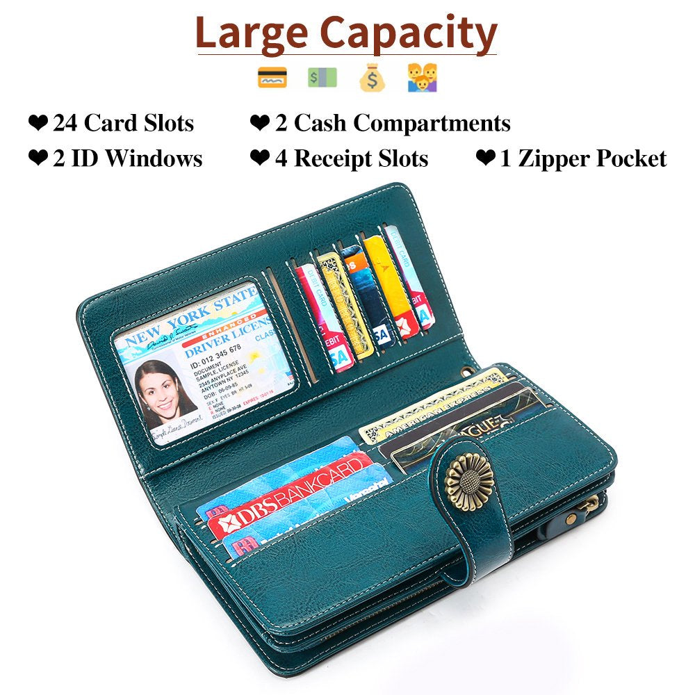 Wallets for Women Genuine Leather Credit Card Holder with RFID Blocking Large Capacity Wristlet