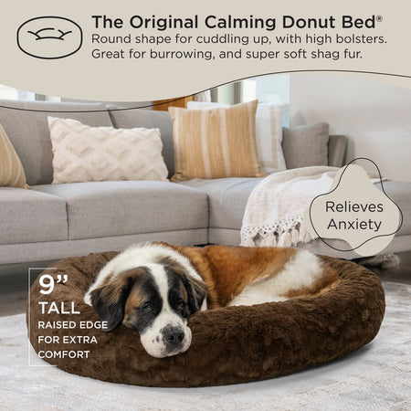 the Original Calming Donut Dog and Cat Bed in Lux Fur Dark Chocolate, Extra Large 45X45"