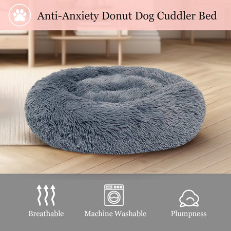 Calming Dog & Cat Bed, Anti-Anxiety Donut Cuddler Warming Cozy Soft round Bed, Fluffy Faux Fur Plush Cushion Bed for Medium Small Dogs and Cats, 24"