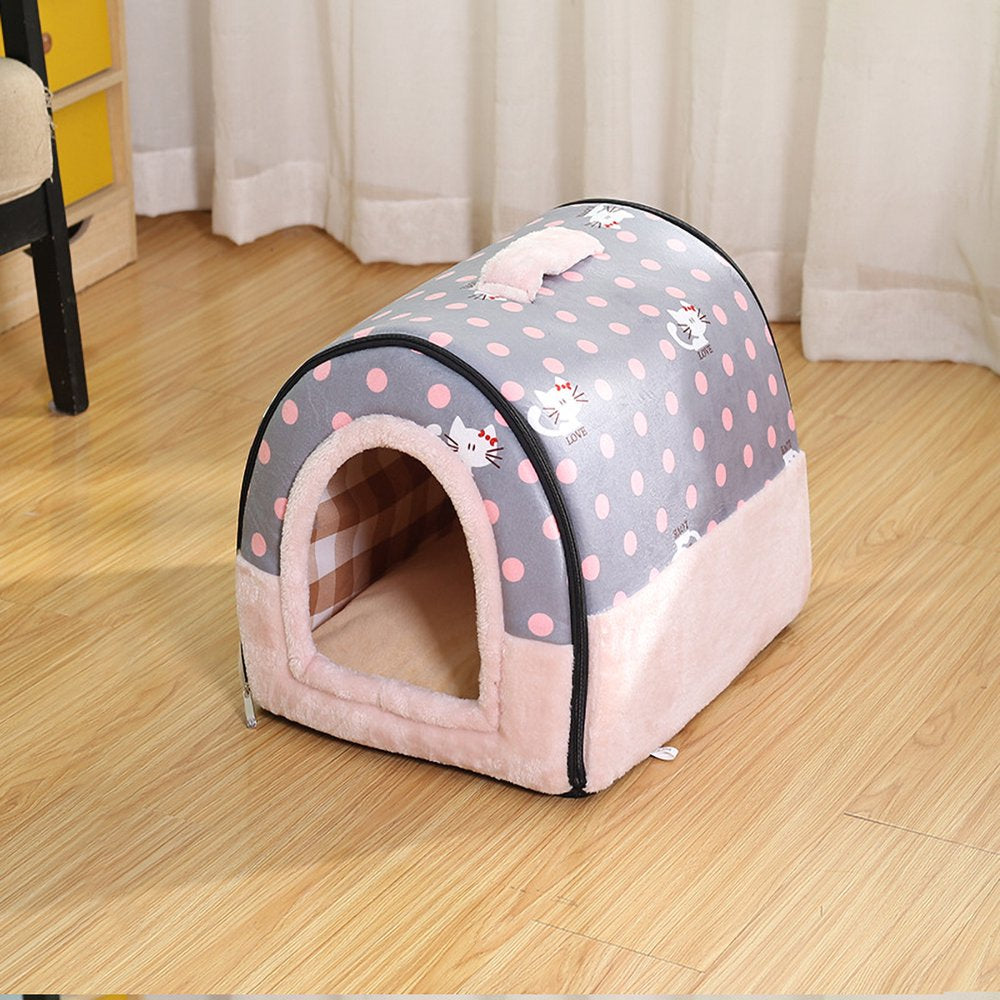 2-In-1 Foldable Cave House Shape Nest, Warm Cave Sleeping Nest, Indoor Dog House, Outdoor Cat House, Pet Sleeping Bed for Cats and Small Dogs, Pink Cat