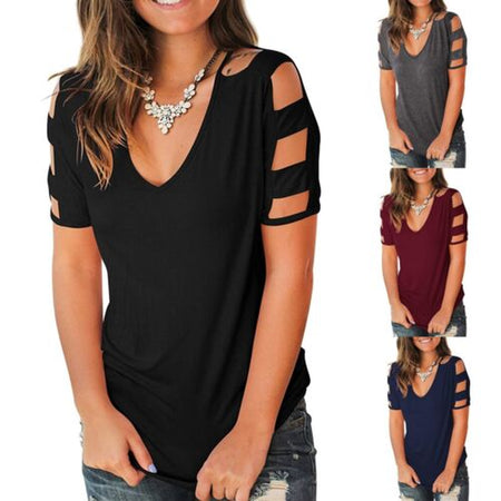 Women'S Short Sleeve Hollow Out Cold Summer Shoulder Tops Deep V Neck T Shirts