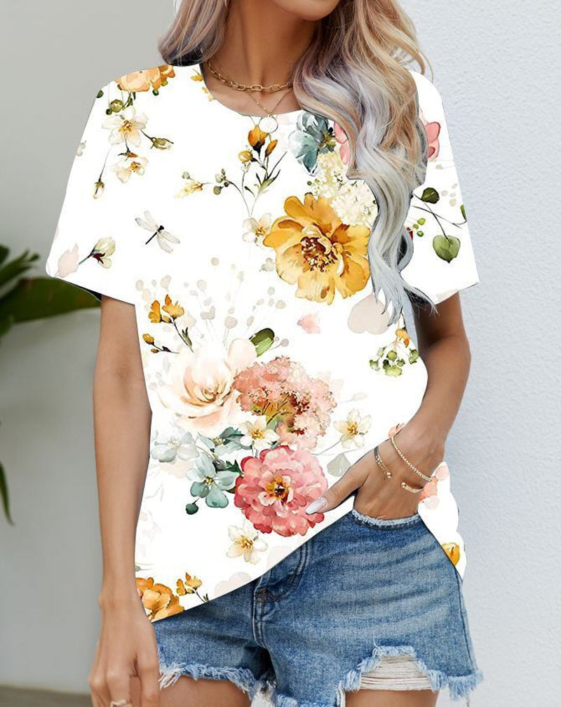 Blouse Women'S Black Flower T Shirt Fashion Soft Short Sleeve T-Shirt Casual Tee