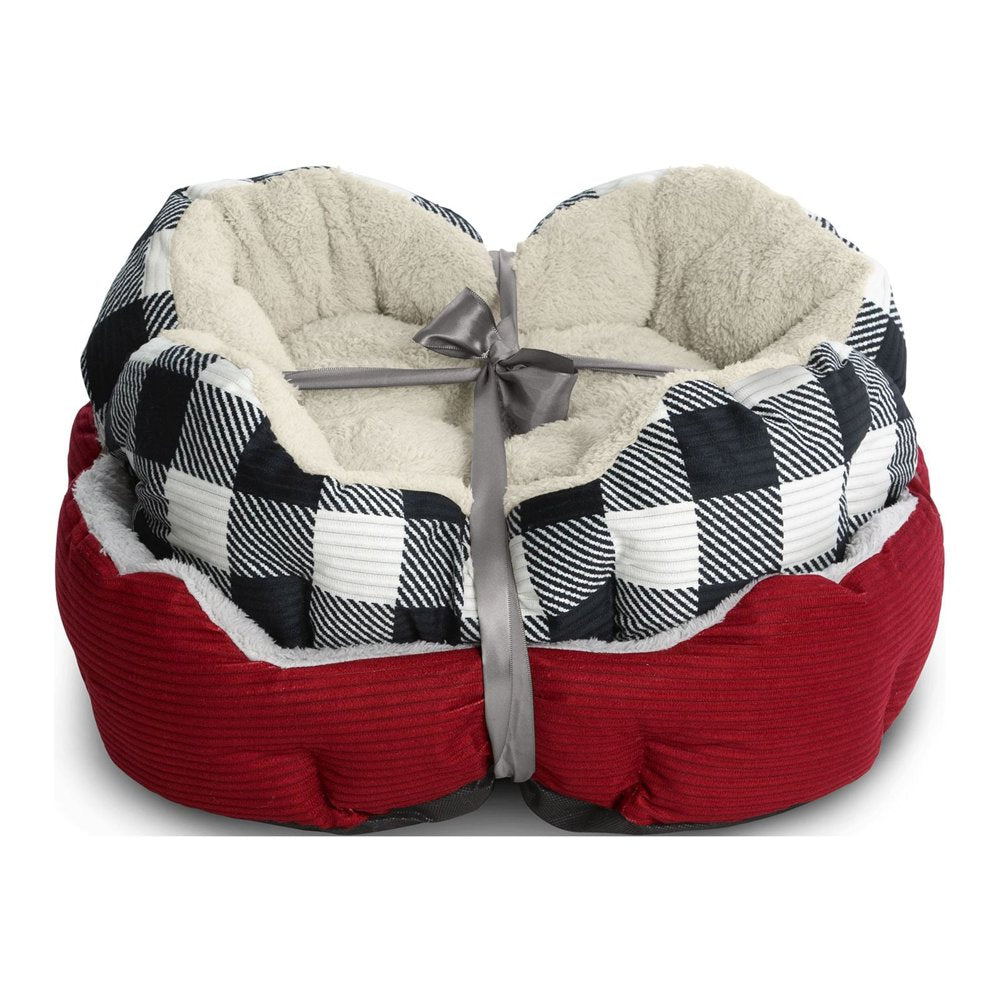 Cuddler Small Cat / Dog Bed Gift Set, Red and Black/White Buffalo Plaid