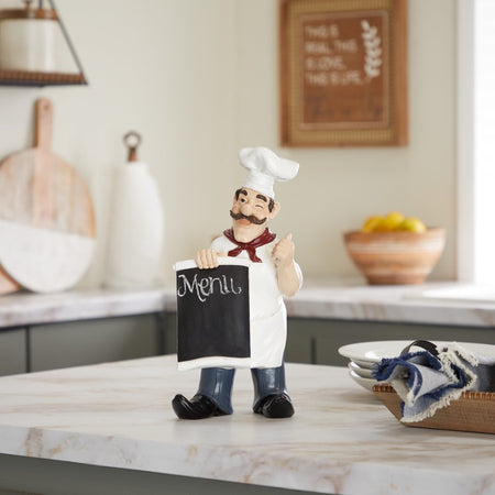 7" X 15" White Polystone Chef Sculpture with Chalkboard, by