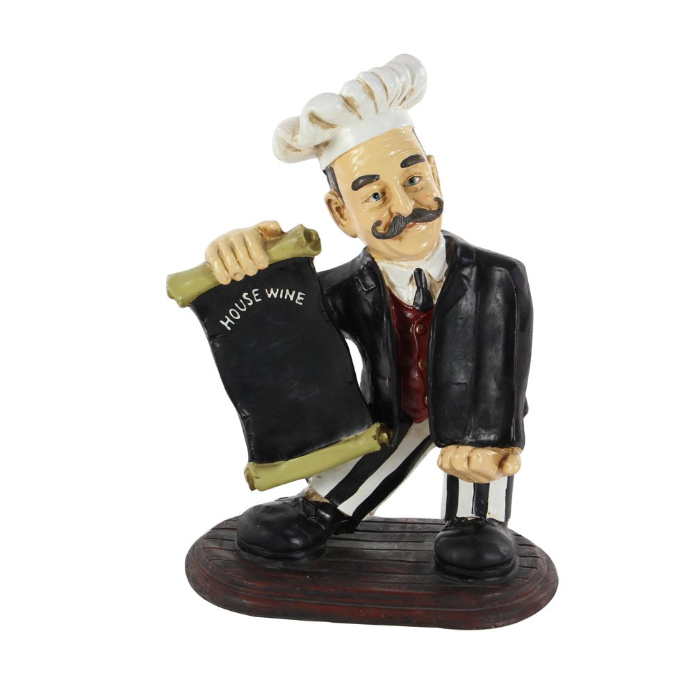 13" X 20" Black Polystone Chef Sculpture with Chalkboard and Wine Holder Slot, by