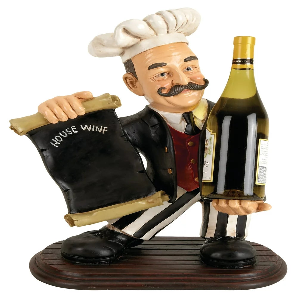 13" X 20" Black Polystone Chef Sculpture with Chalkboard and Wine Holder Slot, by