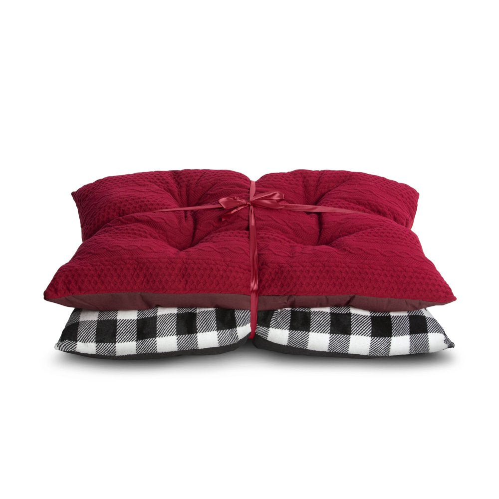 Tufted Pillow Large Dog Bed Gift Set, Red Knit & Black/White Buffalo Plaid