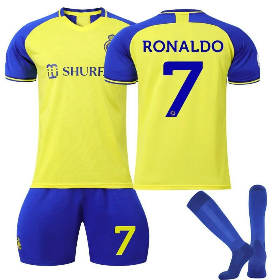 2024 Saudi Arabia Al-Nassr FC Cristiano Ronaldo Soccer Jersey #7 Printed Jersey Soccer Youth Practice Outfits Football Training Uniforms Blue/Yellow Home XS
