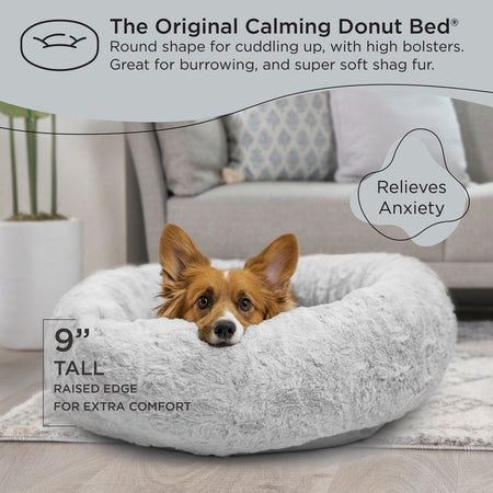 the Original Calming Donut Dog and Cat Bed in Lux Fur Gray, Medium 30"X30"