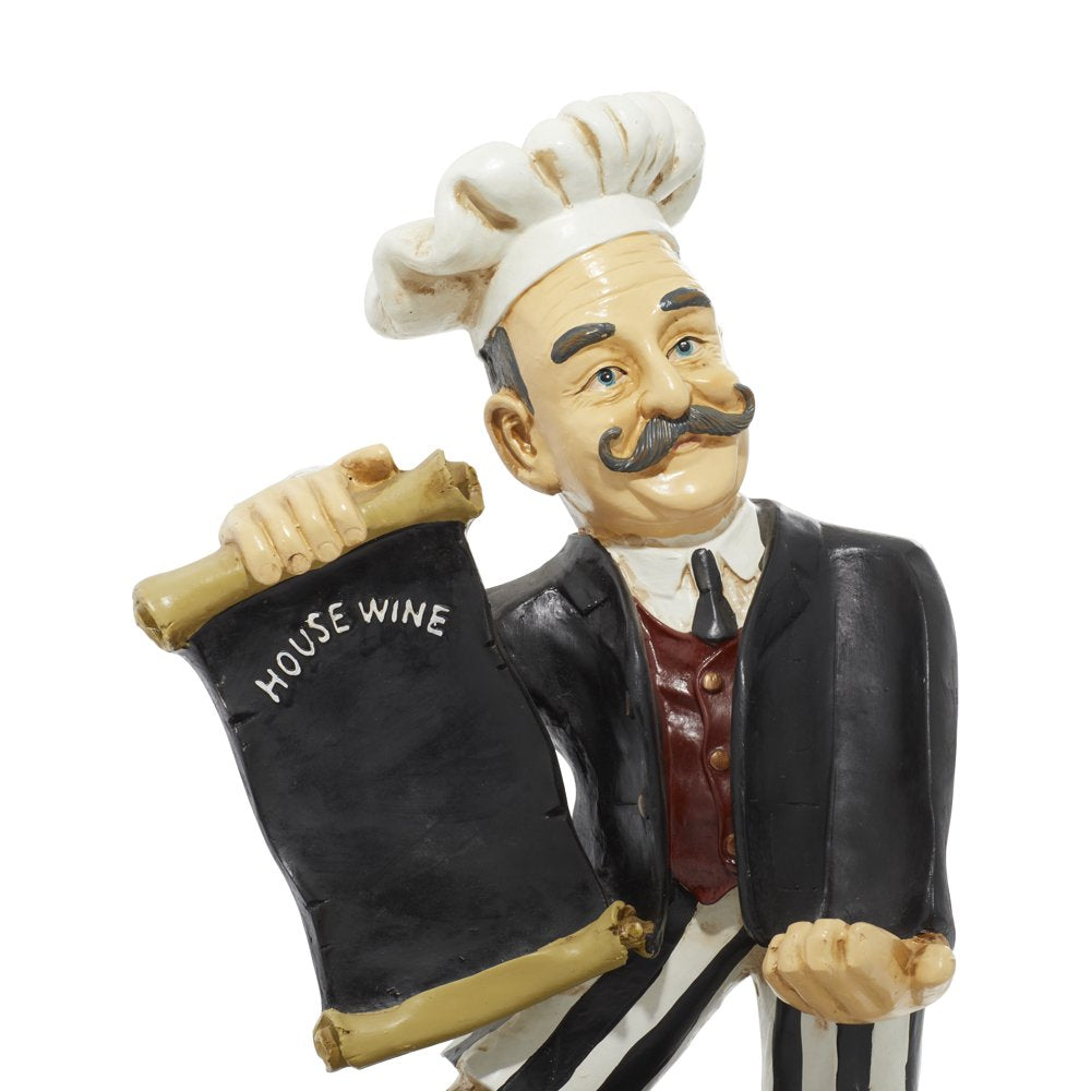 13" X 20" Black Polystone Chef Sculpture with Chalkboard and Wine Holder Slot, by