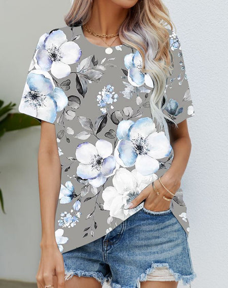 Blouse Women'S Black Flower T Shirt Fashion Soft Short Sleeve T-Shirt Casual Tee