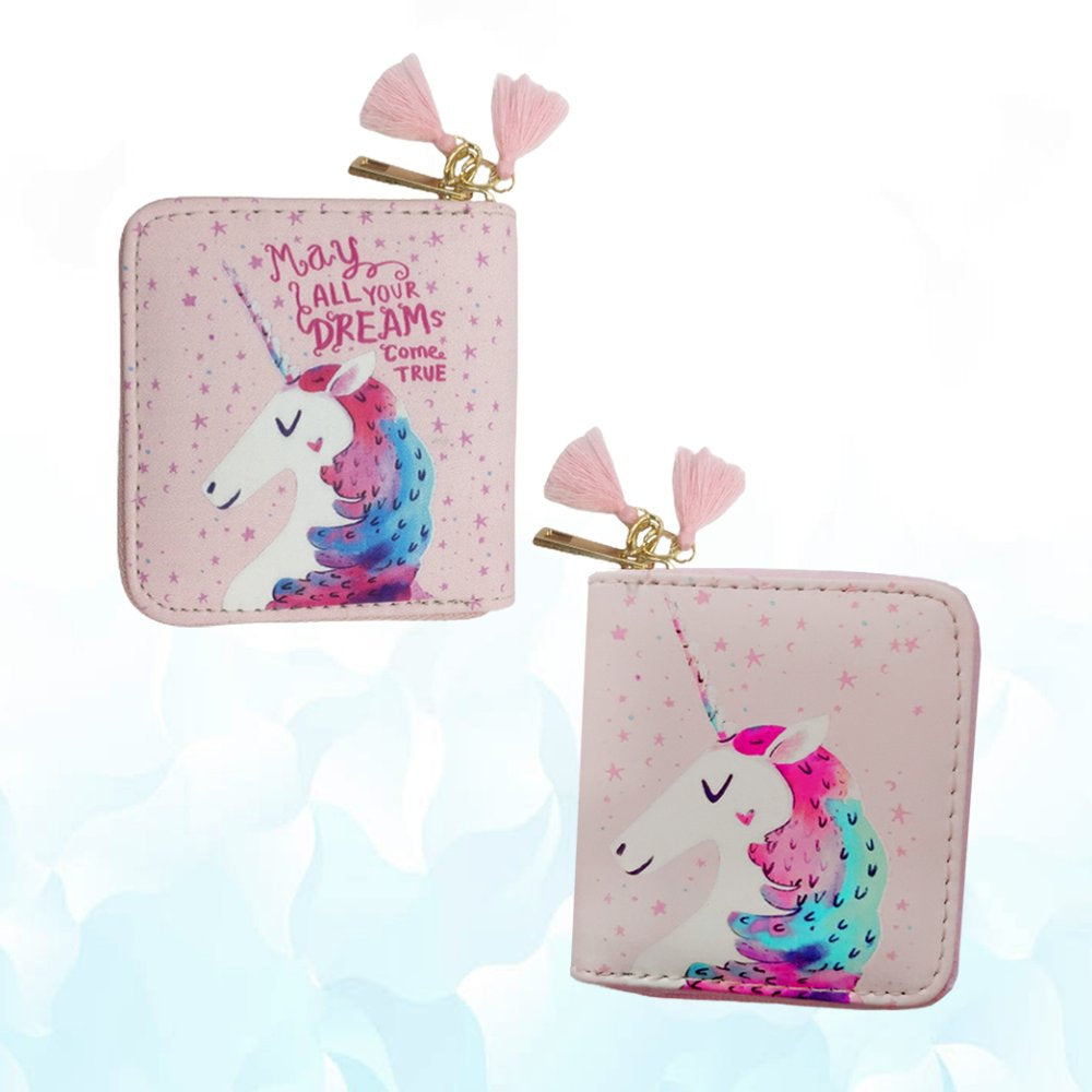 1Pc PU Zipper Wallet Cartoon Unicorns Pattern Wallet Small Zipper Wallet for Girls (Pink)