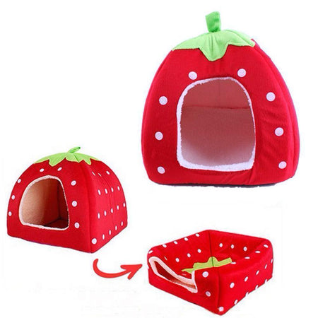 Strawberry Cat Cave Bed, Multi Size Plush Dog Cat Tent Bed House with Washable Pads for Small to Medium Cats and Dogs （Red L）