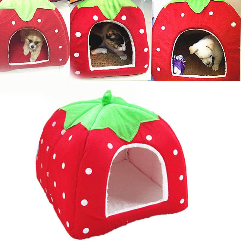 Strawberry Cat Cave Bed, Multi Size Plush Dog Cat Tent Bed House with Washable Pads for Small to Medium Cats and Dogs （Red L）