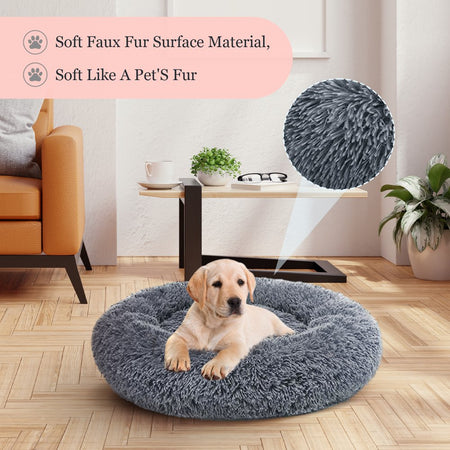 Calming Dog & Cat Bed, Anti-Anxiety Donut Cuddler Warming Cozy Soft round Bed, Fluffy Faux Fur Plush Cushion Bed for Medium Small Dogs and Cats, 24"