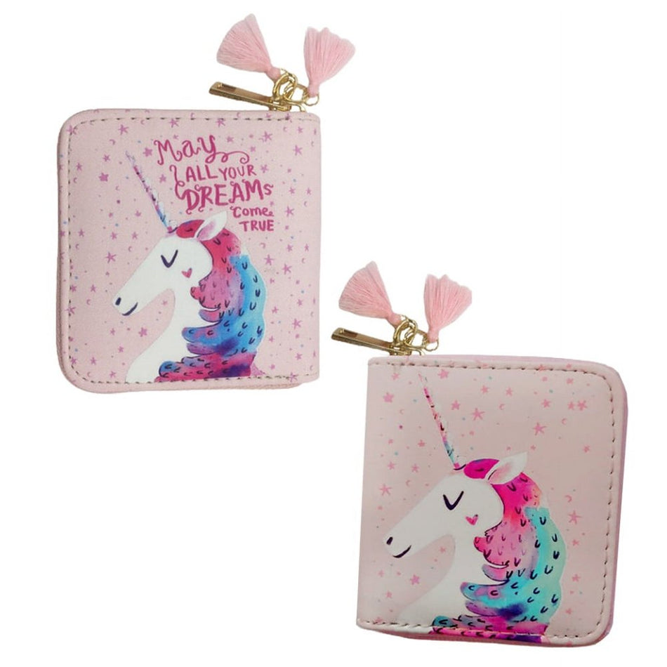 1Pc PU Zipper Wallet Cartoon Unicorns Pattern Wallet Small Zipper Wallet for Girls (Pink)