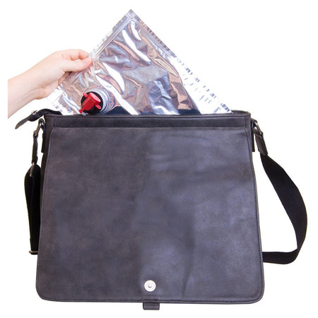 Messenger - Vegan Leather Wine Bag with Hidden Compartment and Dispenser Flask That Holds and Pours 2 Bottles