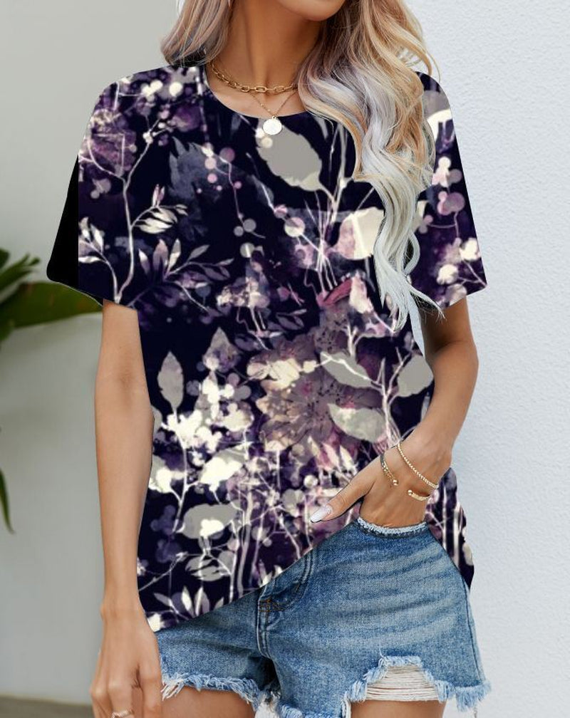 Blouse Women'S Black Flower T Shirt Fashion Soft Short Sleeve T-Shirt Casual Tee