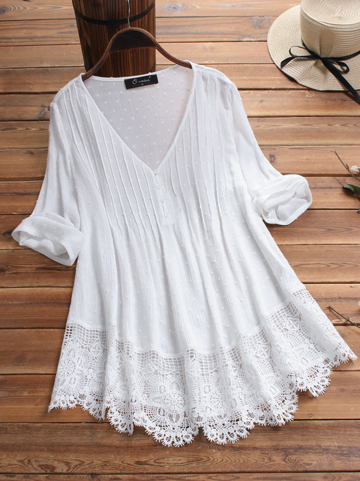 Summer Jacquard Pleated Lace Hollow V-Neckfive-Poi