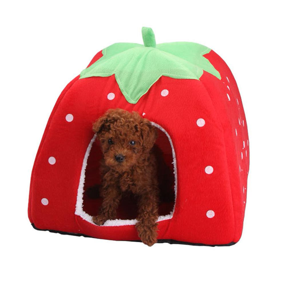 Strawberry Cat Cave Bed, Multi Size Plush Dog Cat Tent Bed House with Washable Pads for Small to Medium Cats and Dogs （Red L）