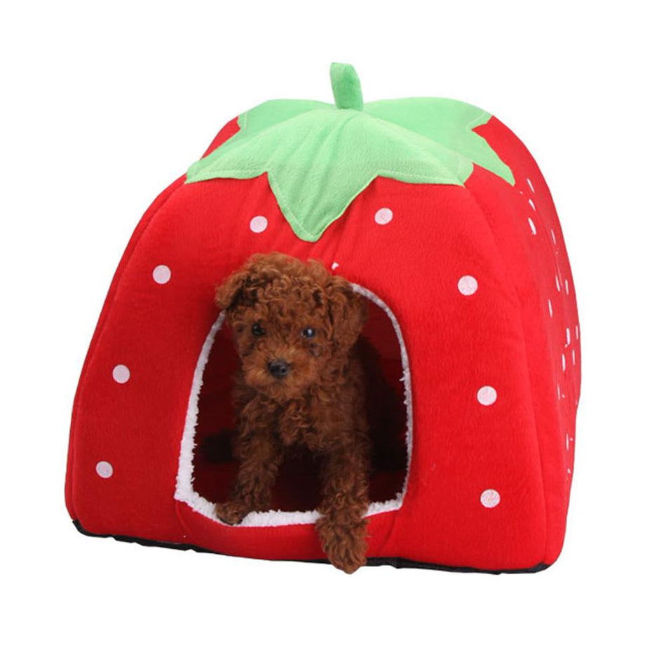 Strawberry Cat Cave Bed, Multi Size Plush Dog Cat Tent Bed House with Washable Pads for Small to Medium Cats and Dogs （Red L）