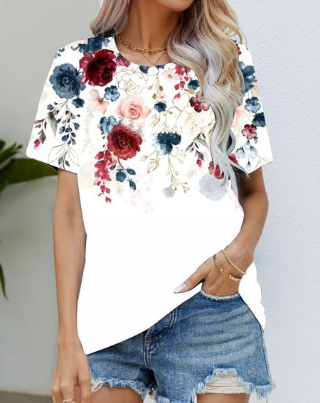 Blouse Women'S Black Flower T Shirt Fashion Soft Short Sleeve T-Shirt Casual Tee