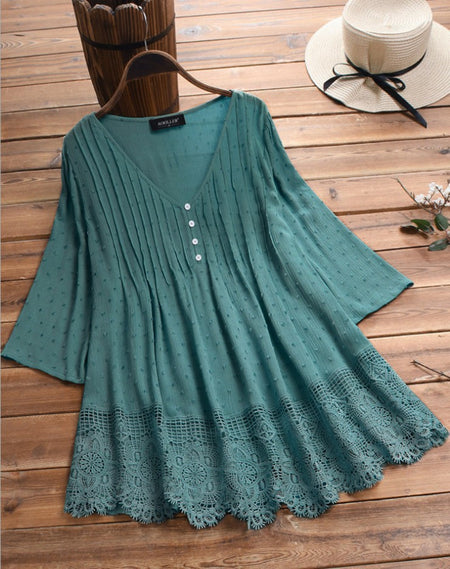 Summer Jacquard Pleated Lace Hollow V-Neckfive-Poi
