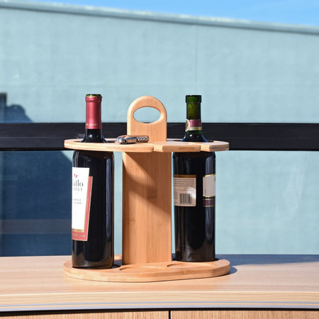 Wine 2 Bottle Holder & 4 Glass Rack, Wine Glass Hanging Drying Stand Organizer on Countertop Tabletop with Free Corkscrew, Bamboo