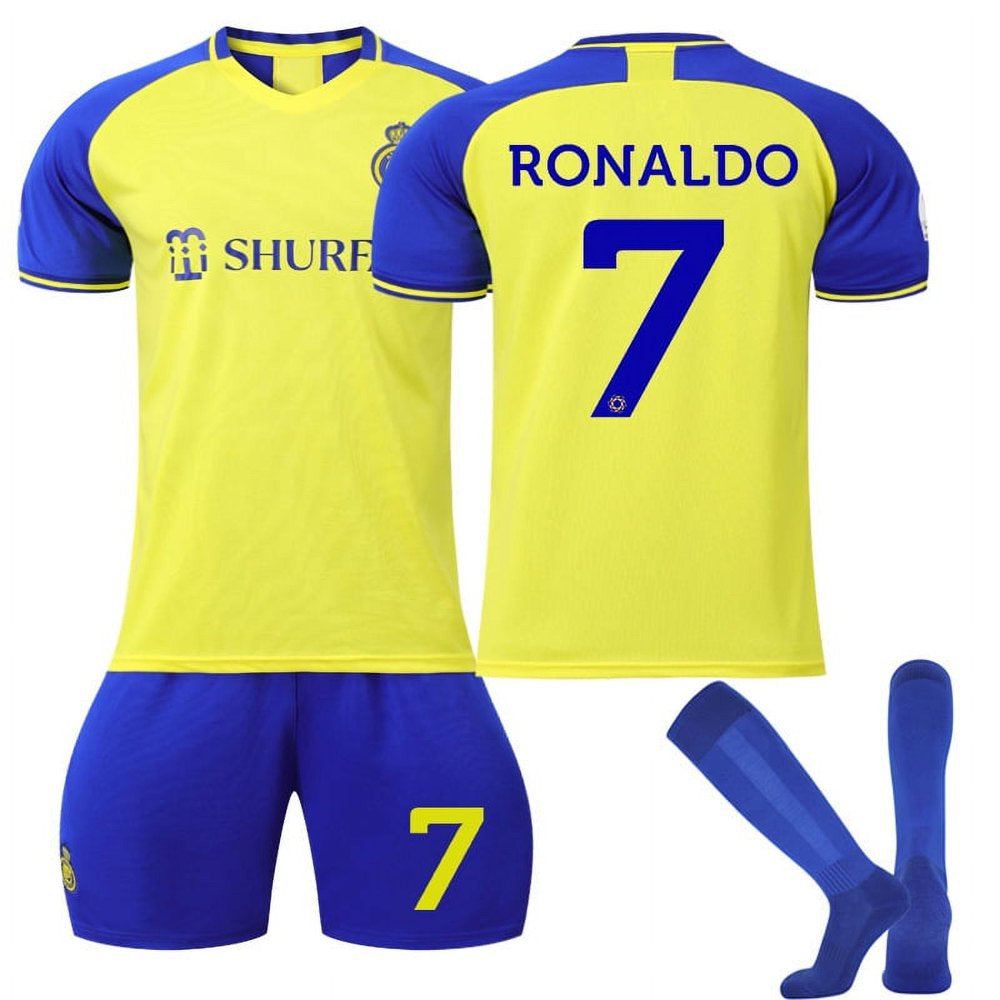 2022 Al-Nassr FC Ronaldo Soccer Jersey #7 Fans Jerseys Football Team Shirts Sportswear Activewear Set for Kids Youth Child Children Wtih Socking Size 26