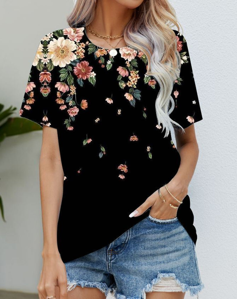 Blouse Women'S Black Flower T Shirt Fashion Soft Short Sleeve T-Shirt Casual Tee