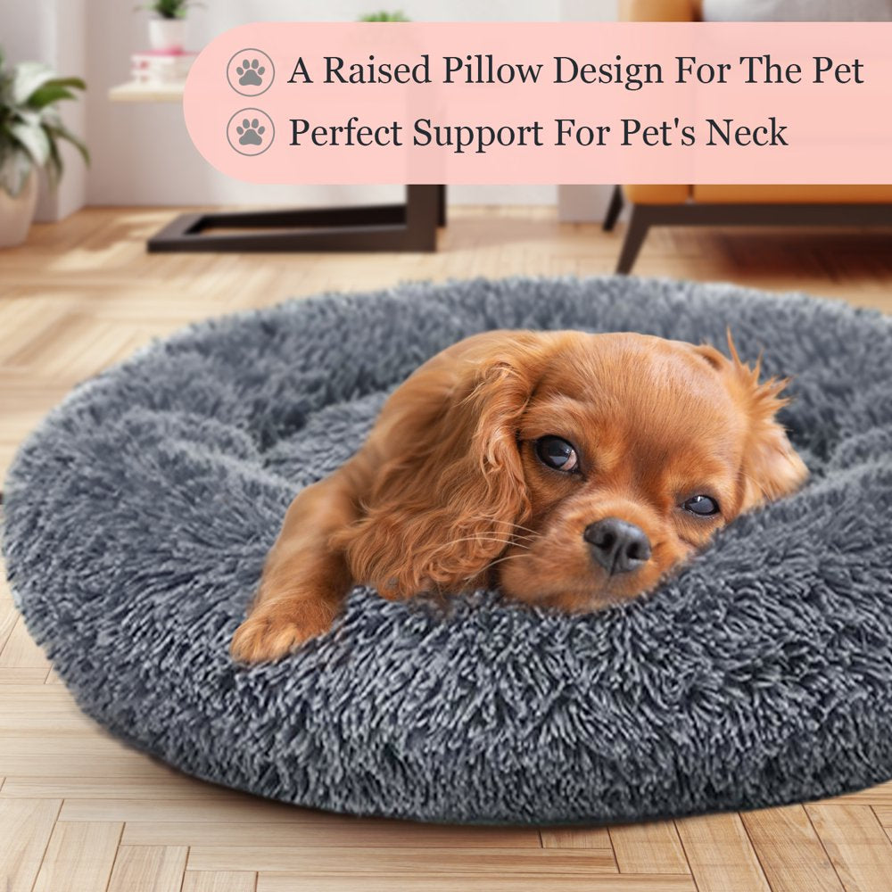 Calming Dog & Cat Bed, Anti-Anxiety Donut Cuddler Warming Cozy Soft round Bed, Fluffy Faux Fur Plush Cushion Bed for Medium Small Dogs and Cats, 24"